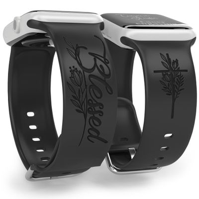 Blessed with Cross and Flowers Watch Band compatible with Apple Watch Laser Engraved iWatch Band Silicone 38mm 40mm 41mm 42mm 44mm 45mm 46mm 49mm Strap Jesus Psalm Christian God Faith (Black, 38/40/41/42(Series 10)mm S/M)