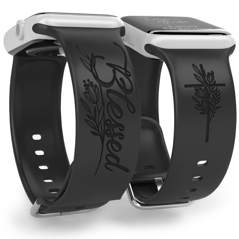 Blessed with Cross and Flowers Watch Band compatible with Apple Watch Laser Engraved iWatch Band Silicone 38mm 40mm 41mm 42mm 44mm 45mm 46mm 49mm Strap Jesus Psalm Christian God Faith (Black, 38/40/41/42(Series 10)mm S/M)