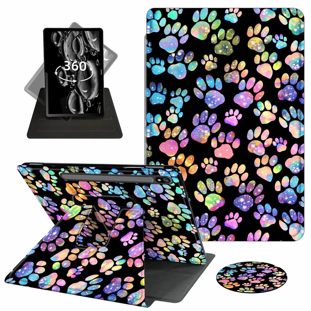 ACWDMKH Case for Samsung Galaxy Tab S7 FE 2021 / S8 Plus 2022 / S7 Plus 2020 12.4 Inch Case,360 Degree Rotating Swivel PU Leather Stand Flip Folio Cover with Auto Wake/Sleep,Glitter Footprint