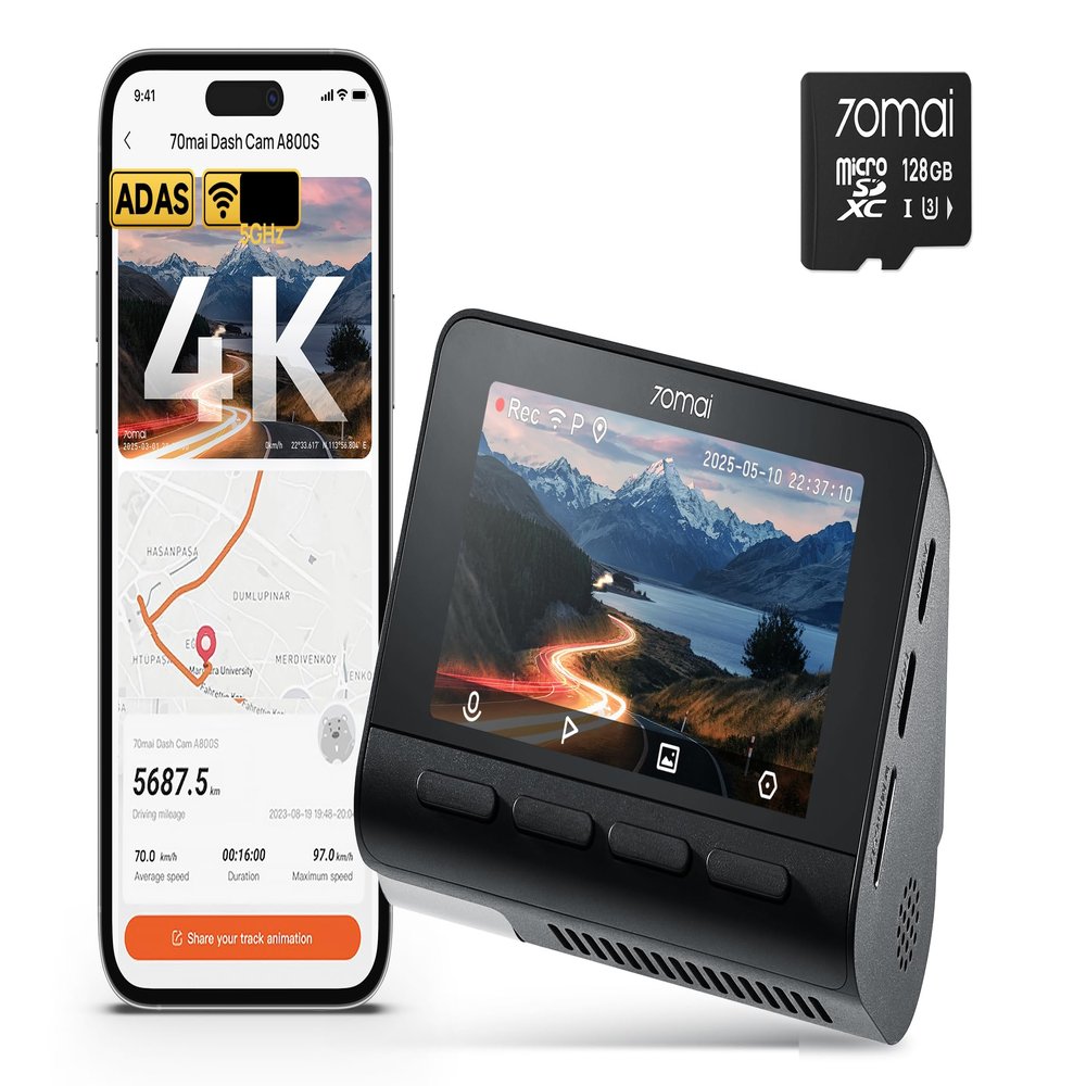 A800S + UP02 Hardwire Kit+ 128GB SD Card 4K Front and Rear Dash Cam for Cars with Built-in GPS 5G WiFi ADAS Time-Lapse& Loop Recording App Control 24H Surveillance