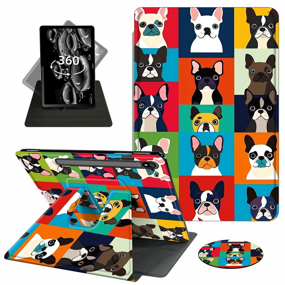 ACWDMKH Case for Samsung Galaxy Tab S7 FE 2021 / S8 Plus 2022 / S7 Plus 2020 12.4 Inch Case,360 Degree Rotating Swivel PU Leather Stand Flip Folio Cover with Auto Wake/Sleep,Cartoon Colorful Dog