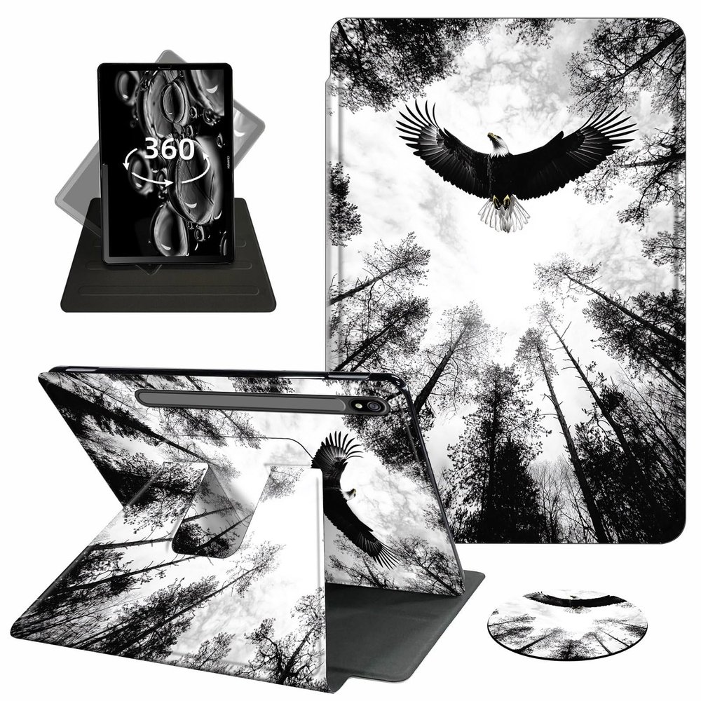 ACWDMKH Case for Samsung Galaxy Tab S7 FE 2021 / S8 Plus 2022 / S7 Plus 2020 12.4 Inch Case,360 Degree Rotating Swivel PU Leather Stand Flip Folio Cover with Auto Wake/Sleep,Forest Eagle Black