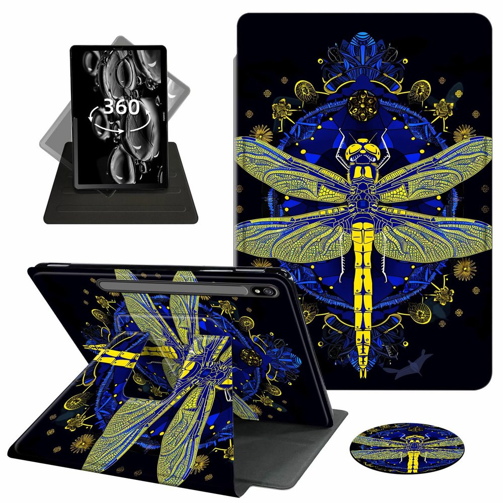 ACWDMKH Case for Samsung Galaxy Tab S7 FE 2021 / S8 Plus 2022 / S7 Plus 2020 12.4 Inch Case,360 Degree Rotating Swivel PU Leather Stand Flip Folio Cover with Auto Wake/Sleep,Golden Dragonfly