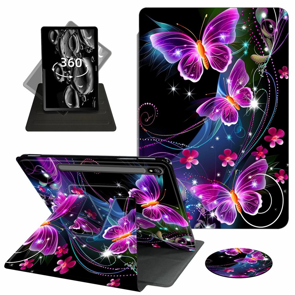ACWDMKH Case for Samsung Galaxy Tab S7 FE 2021 / S8 Plus 2022 / S7 Plus 2020 12.4 Inch Case,360 Degree Rotating Swivel PU Leather Stand Flip Folio Cover with Auto Wake/Sleep,Buteerfly Glitter