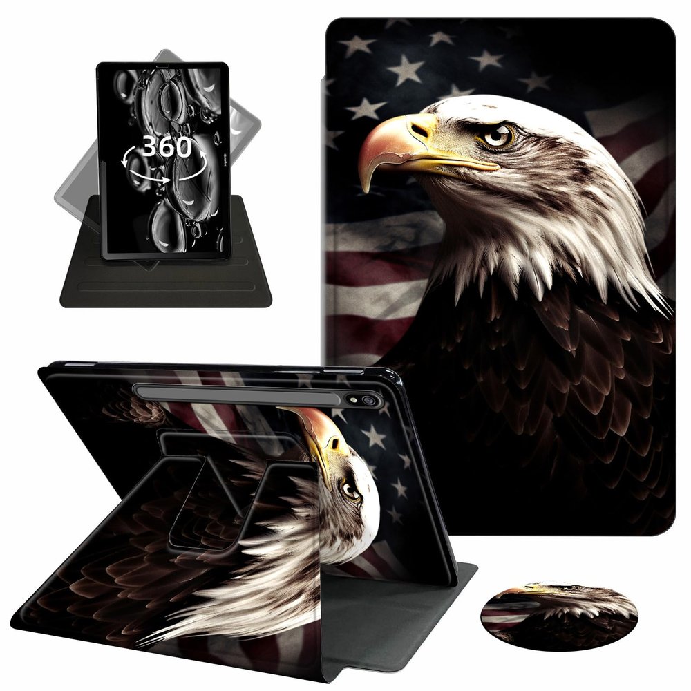 ACWDMKH Case for Samsung Galaxy Tab S7 FE 2021 / S8 Plus 2022 / S7 Plus 2020 12.4 Inch Case,360 Degree Rotating Swivel PU Leather Stand Flip Folio Cover with Auto Wake/Sleep,American Flag Eagle