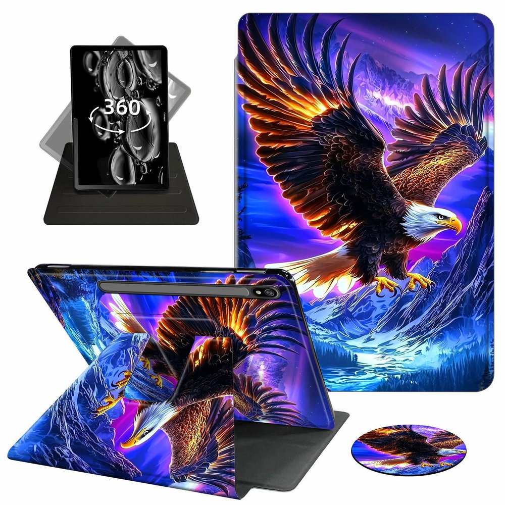 ACWDMKH Case for Samsung Galaxy Tab S7 FE 2021 / S8 Plus 2022 / S7 Plus 2020 12.4 Inch Case,360 Degree Rotating Swivel PU Leather Stand Flip Folio Cover with Auto Wake/Sleep,Glitter Hill Eagle