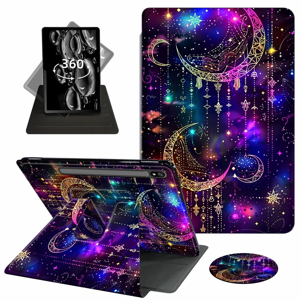 ACWDMKH Case for Samsung Galaxy Tab S7 FE 2021 / S8 Plus 2022 / S7 Plus 2020 12.4 Inch Case,360 Degree Rotating Swivel PU Leather Stand Flip Folio Cover with Auto Wake/Sleep,Purple Glitter Moon