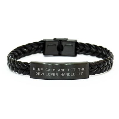 Funny Developer Gifts for Christmas - Keep Calm And Let The Developer Handle It - Interlaced Leather Bracelet for Men, Women, Friends, Coworkers, Family - Ideal Gift Idea for Developers