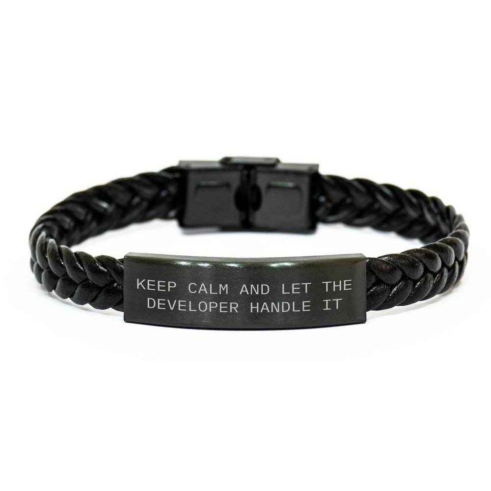 Funny Developer Gifts for Christmas - Keep Calm And Let The Developer Handle It - Interlaced Leather Bracelet for Men, Women, Friends, Coworkers, Family - Ideal Gift Idea for Developers