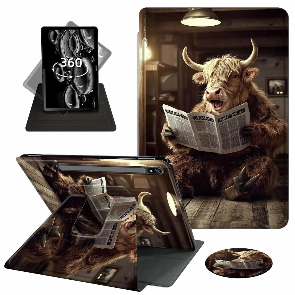 ACWDMKH Case for Samsung Galaxy Tab S7 FE 2021 / S8 Plus 2022 / S7 Plus 2020 12.4 Inch Case,360 Degree Rotating Swivel PU Leather Stand Flip Folio Cover with Auto Wake/Sleep,Cute Cow Newspaper
