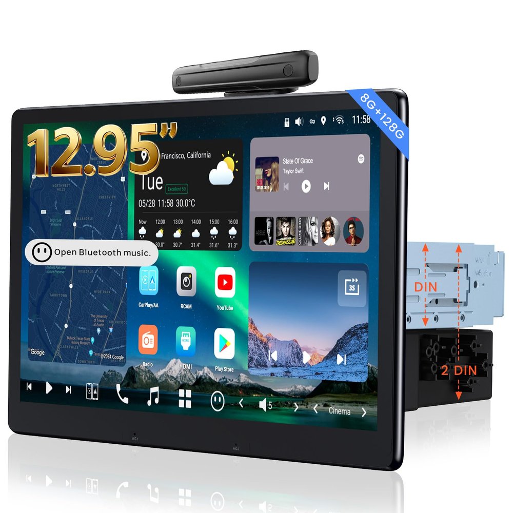 12.95" QLED Touchscreen Single & Double DIN Android AI Car Stereo, with Dashcam, Emergency Lock, 8G+128G in-Dash Navigation, 7.1.2-Ch Audio, 4V RCA, HDMI in, 4G LTE, Wireless CP&AA, ADS Protocol