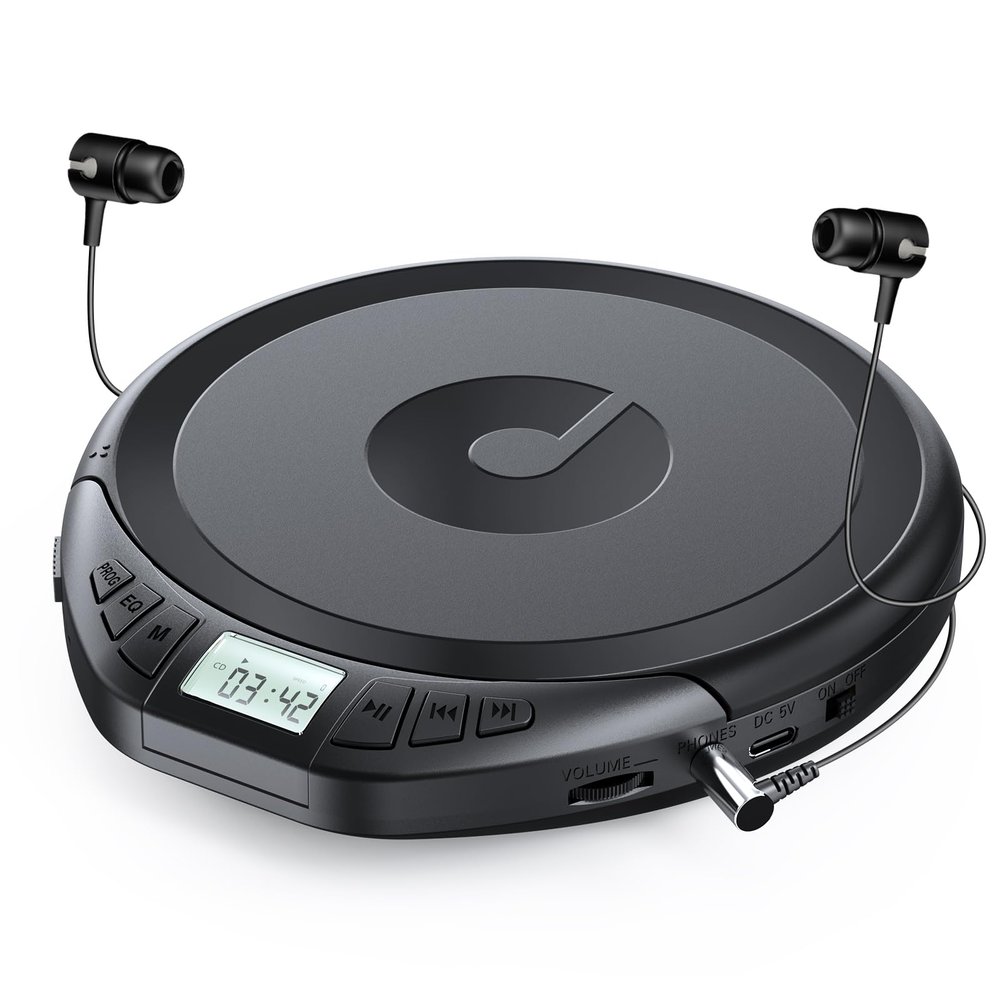 Gueray CD Player Portable CD Dsicman: with Earphones for Car with Anti-Skip Shockproof with LCD Display Support PROG Memory Repeat Function (Black)