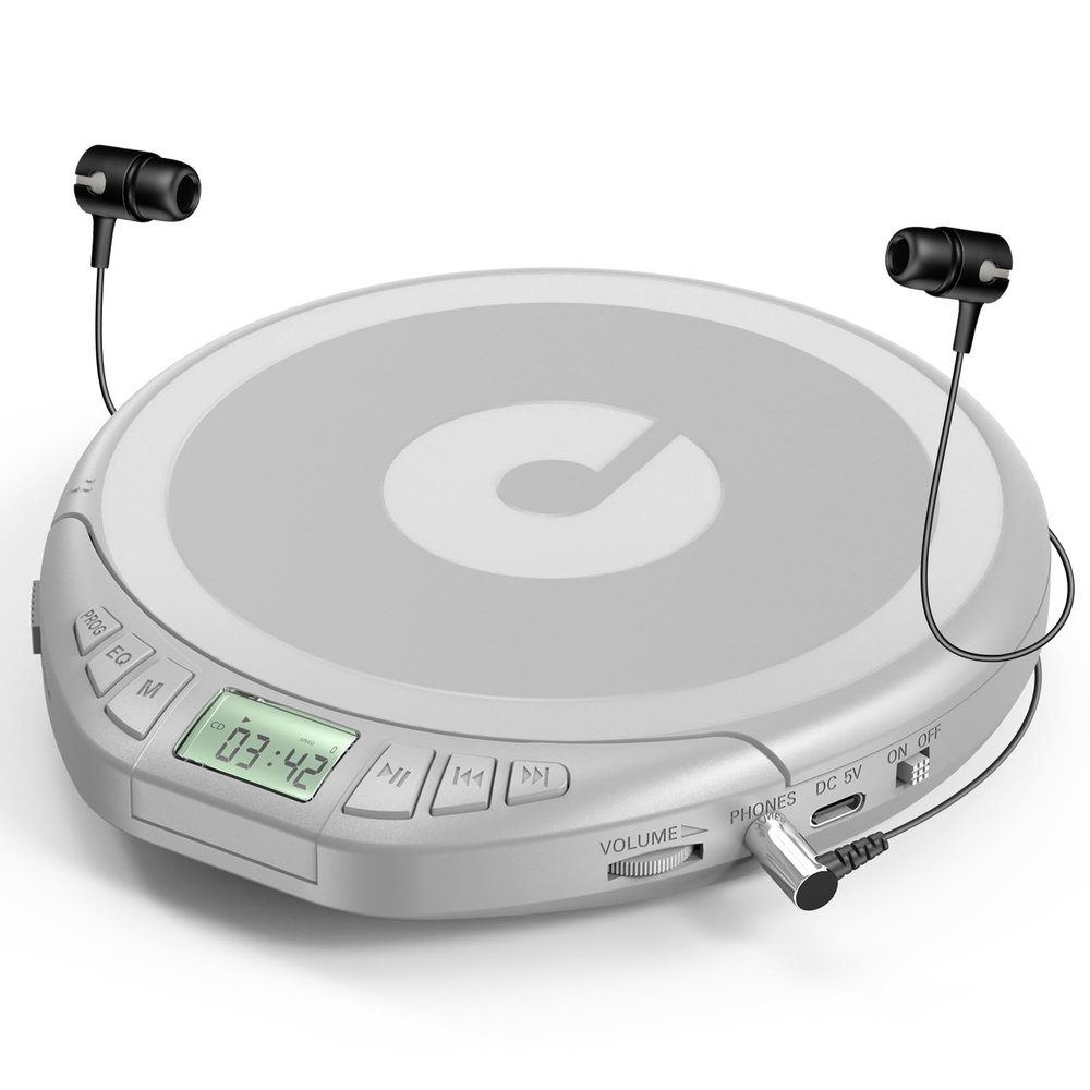 Gueray CD Player Portable CD Dsicman: with Earphones for Car with Anti-Skip Shockproof with LCD Display Support PROG Memory Repeat Function (Sliver)
