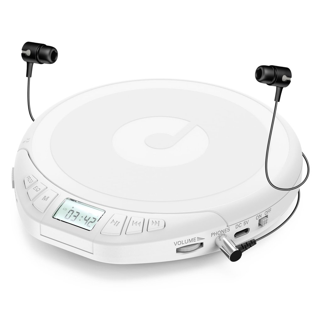 Gueray CD Player Portable CD Dsicman: with Earphones for Car with Anti-Skip Shockproof with LCD Display Support PROG Memory Repeat Function (White)