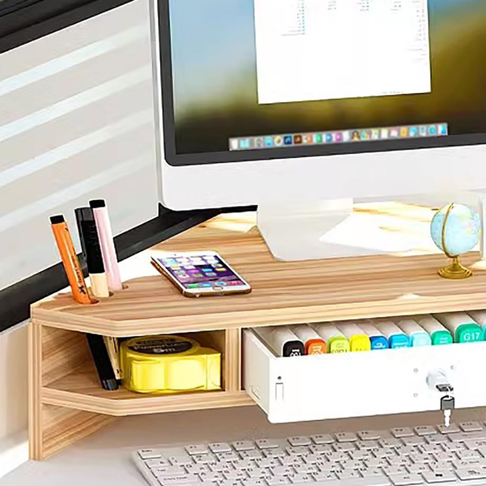 Elitix Corner Monitor Stand Laptop Computer Stand with Drawers and Lock, Desktop Storage Monitor Riser Organizer, Flat Screen Lifting Bracket Save Space, Desk Screen Holder(Light Brown)
