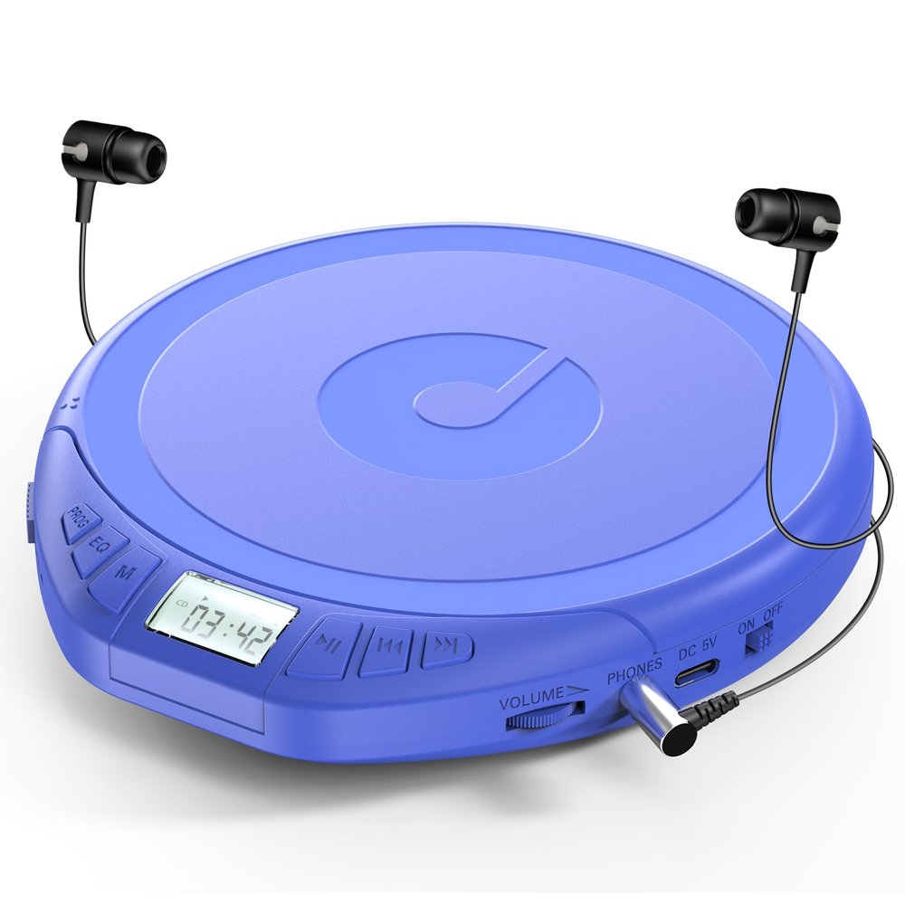 Gueray CD Player Portable CD Dsicman: with Earphones for Car with Anti-Skip Shockproof with LCD Display Support PROG Memory Repeat Function (Blue)