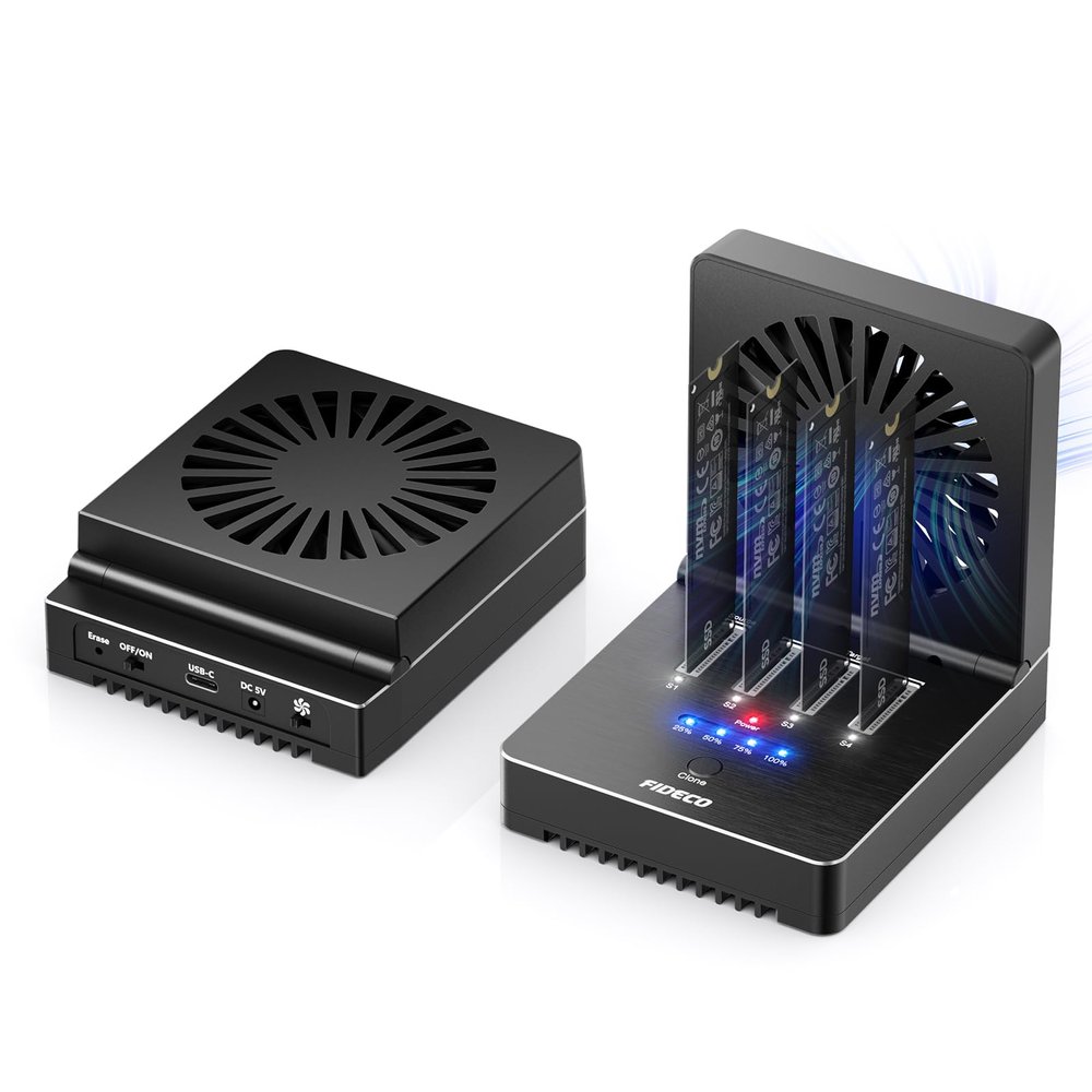 FIDECO M.2 NVMe Cloner and Data Eraser, 4-Bay SSD Cloner Dock with Foldable Cooling Fan, 40Gbps (4X 10Gbps, 2X 20Gbps) NVMe Duplicator, Support Offline Clone and Offline Data Eraser, Protect Privacy