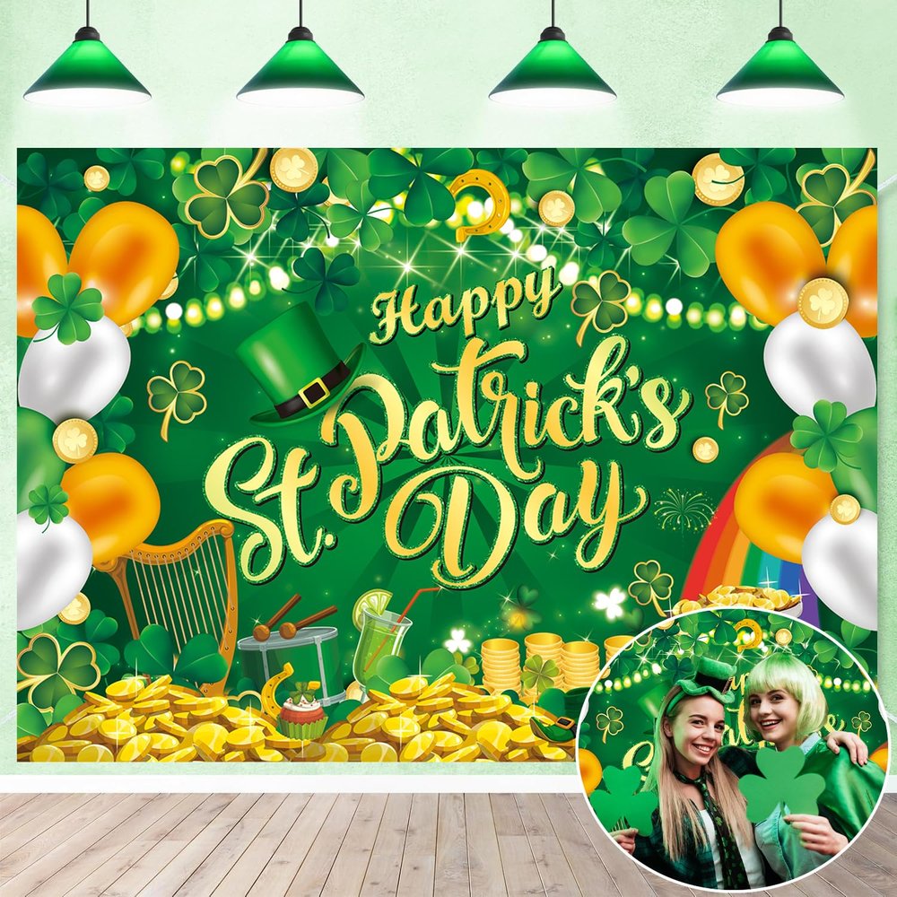 Happy St. Patrick's Day Backdrop 7x5FT St. Patricks Day Party Decorations Lucky Irish Shamrock Photography Background Baby Shower Birthday Party Decor Banner Photo Props