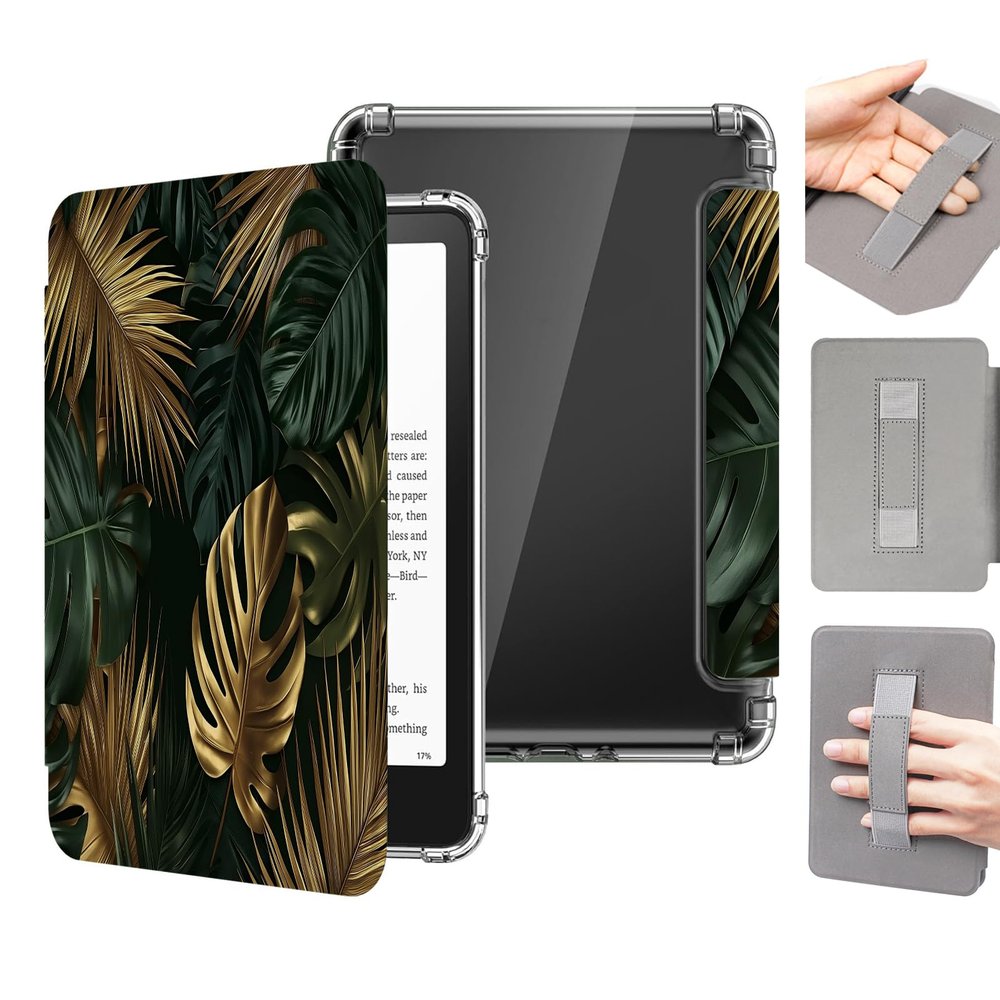 Case for 7" Kindle Paperwhite 12th Generation 2024 & Kindle Colorsoft Signature Edition 2024, Lightweight Clear Back Protective Shell with Hand Strap & Auto Wake/Sleep - Golden Monstera Leaves
