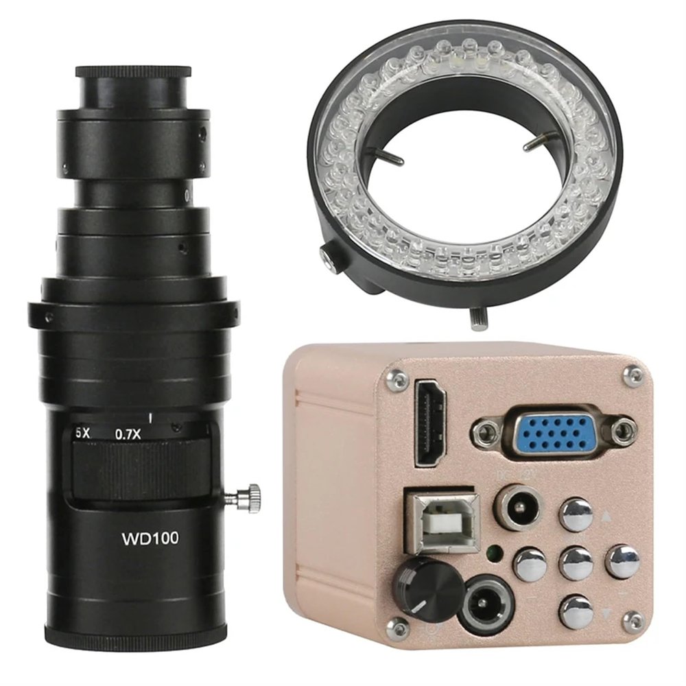 1080P HD 3 in 1 HDMI VGA USB Digital Industrial Video Microscope Camera with Adjustable LED Ring Light for Stereo Microscope (With 200x)