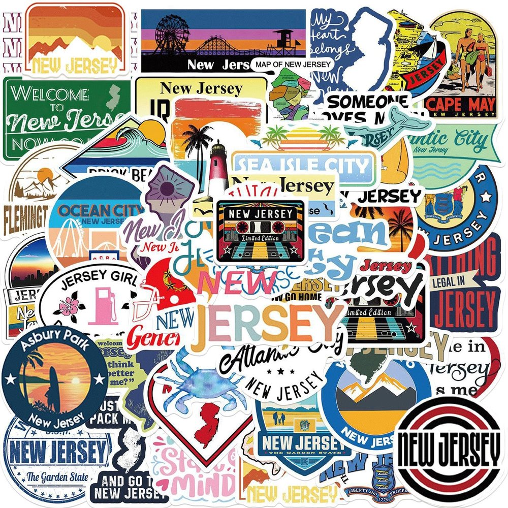 100PCS New Jersey Aesthetic Stickers PackNew Jersey Waterproof Vinyl Decals for Water Bottles Laptop Luggage Cup Mobile Phone Computer Skateboard Refrigerator Wardrobe Guitar Car Motorcycle Bike