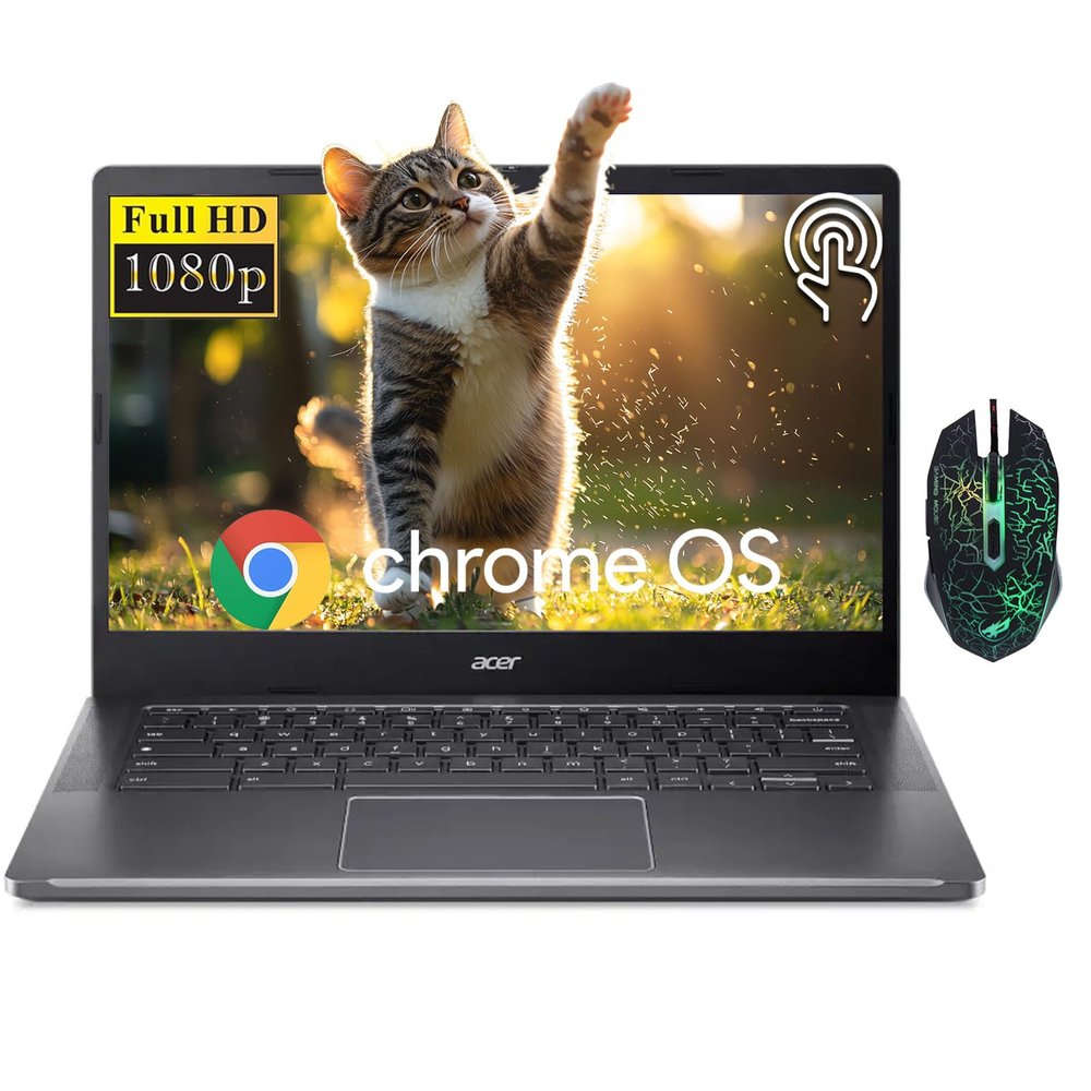 Acer Chromebook Plus 14" FHD Touchscreen Laptop, Intel Core i3-N305 8-Core, Intel UHD Graphics, 8GB LPDDR5 RAM 512GB SSD, WiFi 6E, FHD Camera, Chrome OS, Google AI, Mouse, Protective Sleeve Included