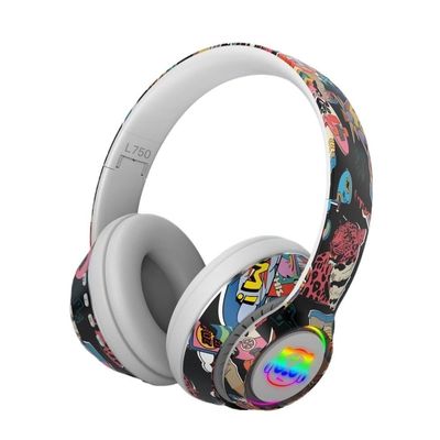 QERMXYRI Bluetooth Headset, Graffiti Headphones Bluetooth 5.1 DJ Headset Wireless Gamer with Mic RGB LED Light for Kids PC Gamer Earphone Support TF Card(White)