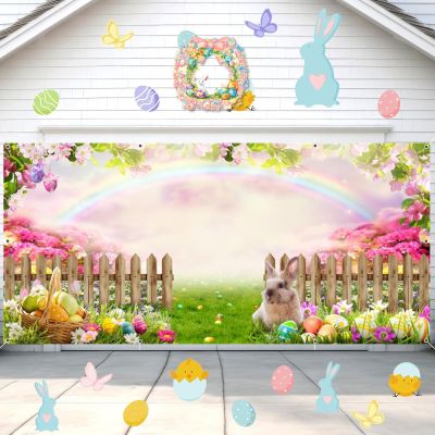 Meiguiman Easter Garage Door Cover 7x16ft Spring Easter Backdrop Bunny Eggs Garage Door Decorations Banner Fower Garden Rainbow Background Outdoor Large Decor