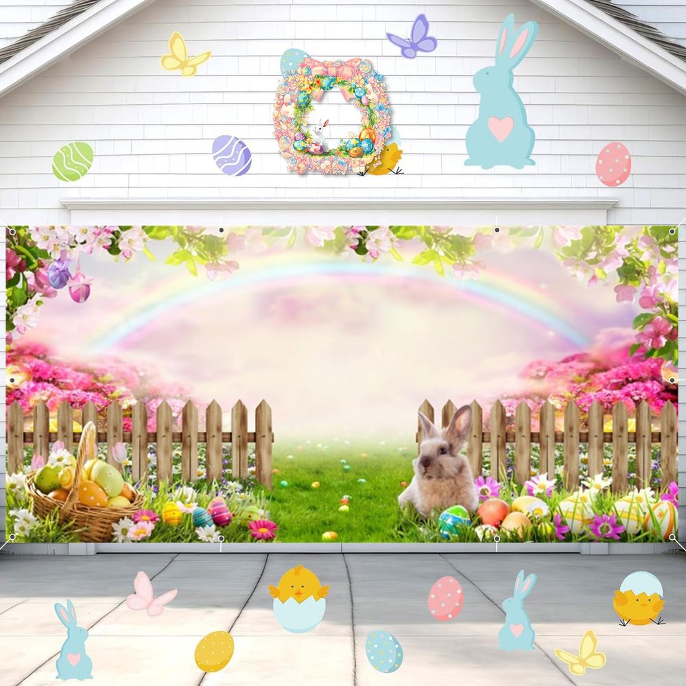 Meiguiman Easter Garage Door Cover 7x16ft Spring Easter Backdrop Bunny Eggs Garage Door Decorations Banner Fower Garden Rainbow Background Outdoor Large Decor