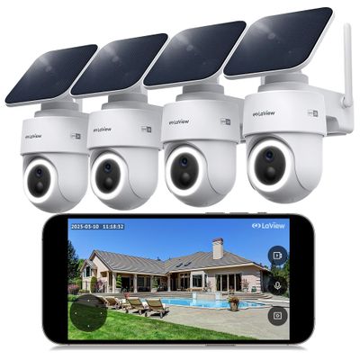 LaView 2K 3MP Solar Security Camera Wireless Outdoor, Cameras for Home Security, 360 Pan & Tilt Home Security Cameras, IP65 Outdoor Camera, Color Night Vision, Two-Way Audio, Work with Alexa(4 Pack)
