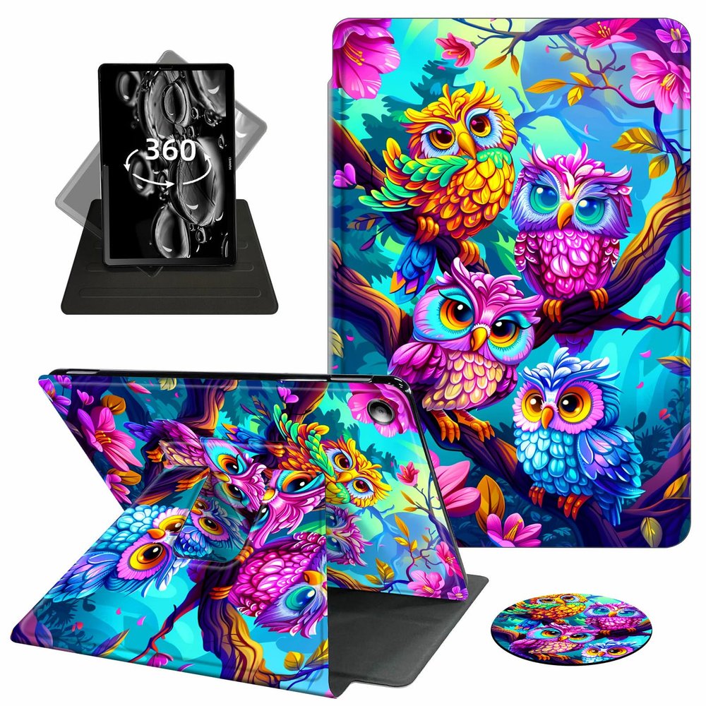 ACWDMKH Case for Kindle Fire 7 Tablet Case 7 Inch (9th/7th/5th Generation,2019/2017/2015 Release),360 Degree Rotating Swivel PU Leather Stand Folio Cover with Auto Wake/Sleep,Colorful Owl Tree