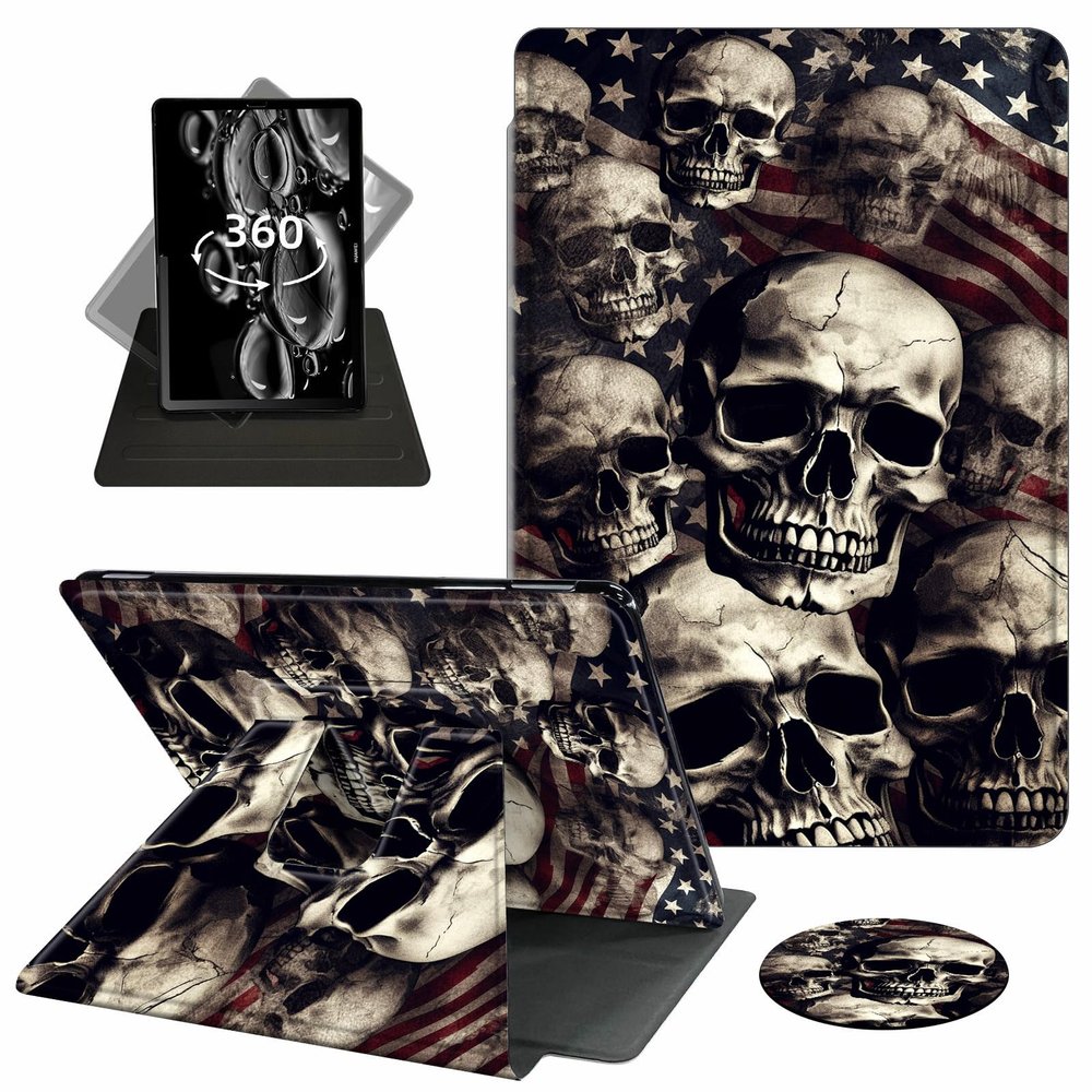ACWDMKH Case for Kindle Scribe,360 Degree Rotating Swivel PU Leather Stand Flip Folio Cover with Auto Wake/Sleep for Amazon Kindle Scribe Cover 10.2 Inch (2024/2022 Release),Skull American Flag