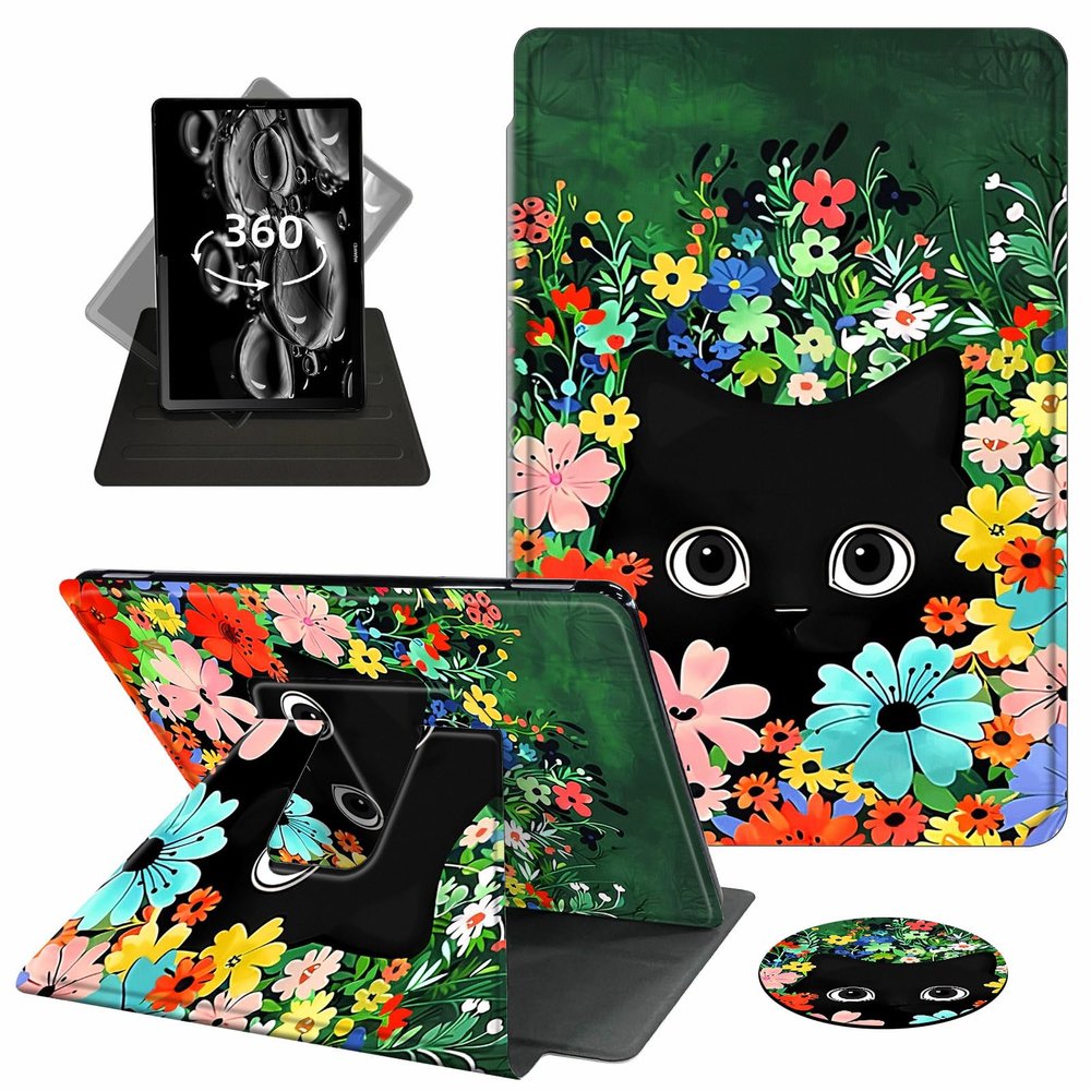 ACWDMKH Case for Kindle Scribe,360 Degree Rotating Swivel PU Leather Stand Flip Folio Cover with Auto Wake/Sleep for Amazon Kindle Scribe Cover 10.2 Inch (2024/2022 Release),Black Cat Flower