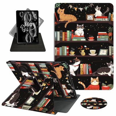ACWDMKH Case for Kindle Scribe,360 Degree Rotating Swivel PU Leather Stand Flip Folio Cover with Auto Wake/Sleep for Amazon Kindle Scribe Cover 10.2 Inch (2024/2022 Release),Bookshelf Cute Cat
