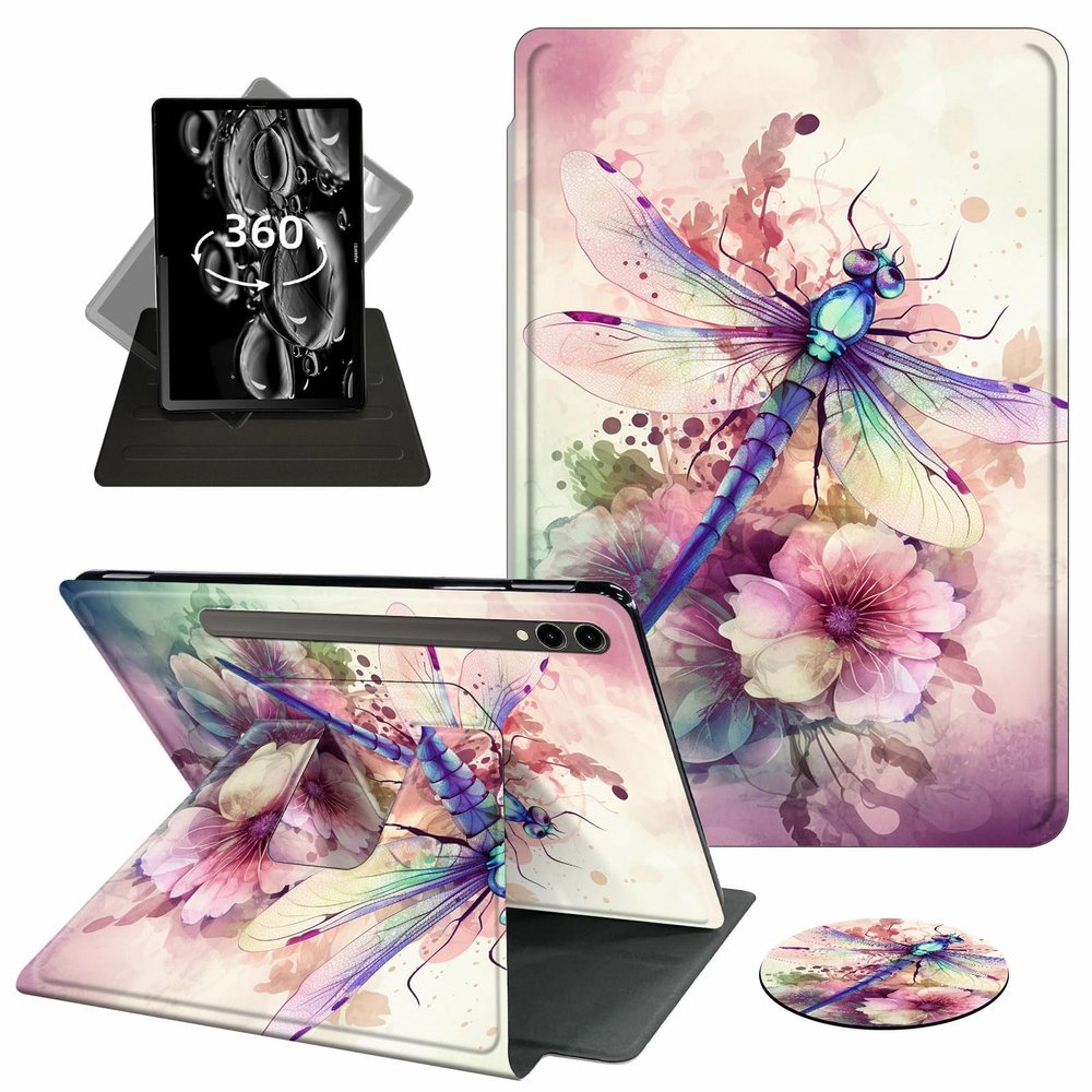 ACWDMKH Case for Samsung Galaxy Tab S10 Plus/ S9 FE Plus/ S9 Plus 5G Tablet 12.4 Inch Case,360 Degree Rotating Swivel PU Leather Stand Flip Folio Cover with Auto Wake/Sleep,Pink Dragonfly