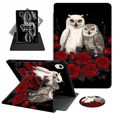 ACWDMKH for iPad Air 11 Inch Case M2 2024,for iPad Air 5th Generation Case 2022/ 4th Gen Cover 2020 10.9",360 Degree Rotating Swivel Leather Stand Folio with Auto Wake/Sleep,Owl Red Flower