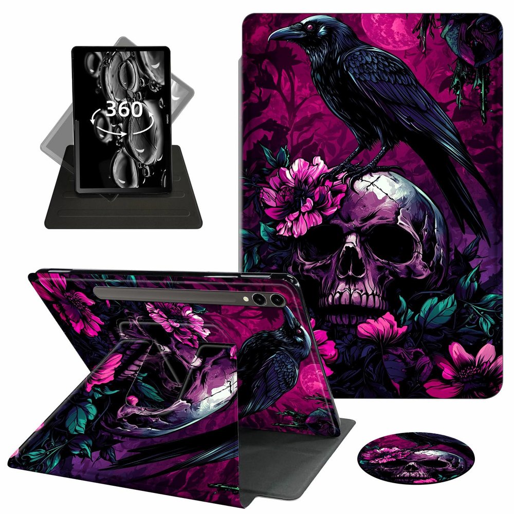 ACWDMKH Case for Samsung Galaxy Tab S10 Plus/ S9 FE Plus/ S9 Plus 5G Tablet 12.4 Inch Case,360 Degree Rotating Swivel PU Leather Stand Flip Folio Cover with Auto Wake/Sleep,Crow Skull Purple