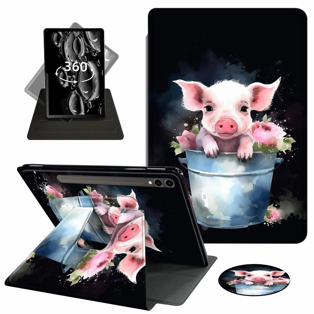 ACWDMKH Case for Samsung Galaxy Tab S10 Plus/ S9 FE Plus/ S9 Plus 5G Tablet 12.4 Inch Case,360 Degree Rotating Swivel PU Leather Stand Flip Folio Cover with Auto Wake/Sleep,Cute Pig