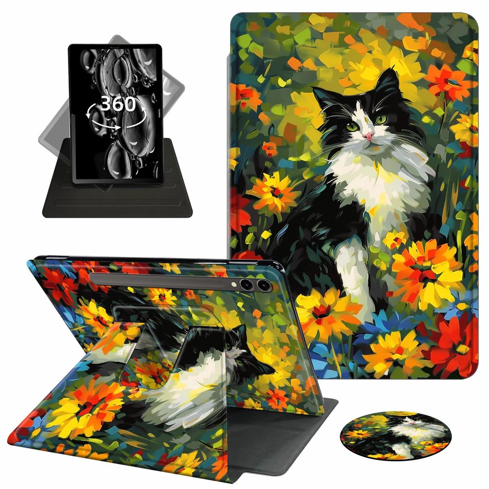 ACWDMKH Case for Samsung Galaxy Tab S10 Plus/ S9 FE Plus/ S9 Plus 5G Tablet 12.4 Inch Case,360 Degree Rotating Swivel PU Leather Stand Flip Folio Cover with Auto Wake/Sleep,Colorful Cat Floral