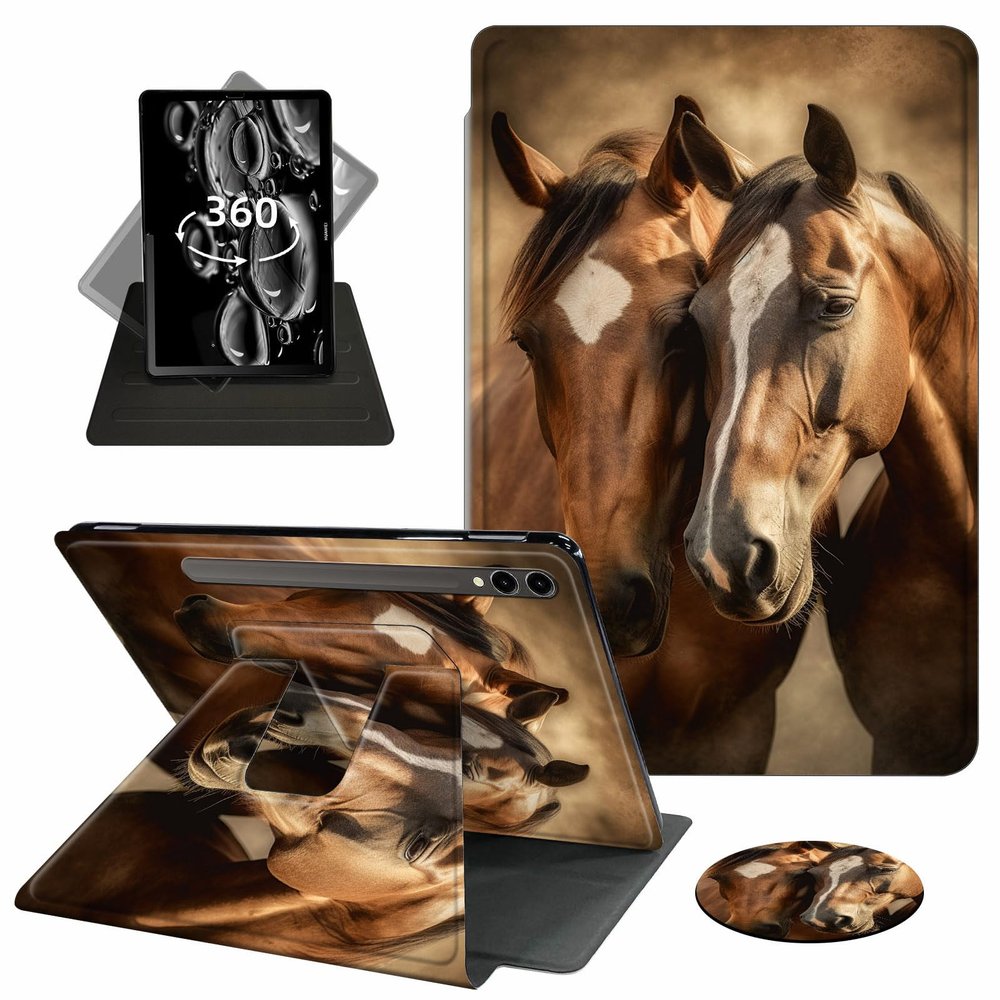ACWDMKH Case for Samsung Galaxy Tab S10 Plus/ S9 FE Plus/ S9 Plus 5G Tablet 12.4 Inch Case,360 Degree Rotating Swivel PU Leather Stand Flip Folio Cover with Auto Wake/Sleep,Brown Horse Couple
