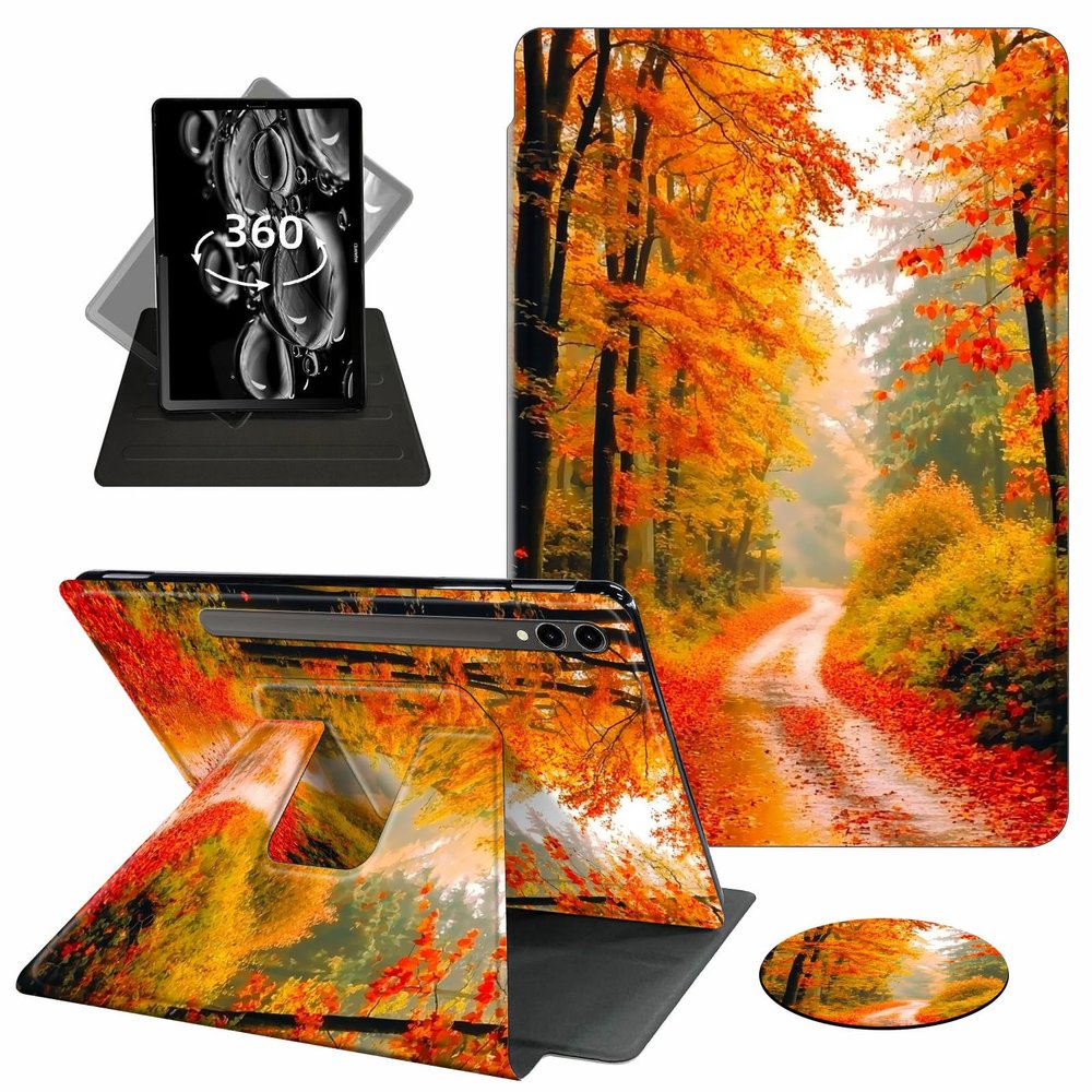 ACWDMKH Case for Samsung Galaxy Tab S10 Plus/ S9 FE Plus/ S9 Plus 5G Tablet 12.4 Inch Case,360 Degree Rotating Swivel PU Leather Stand Flip Folio Cover with Auto Wake/Sleep,Autumn Red Forest