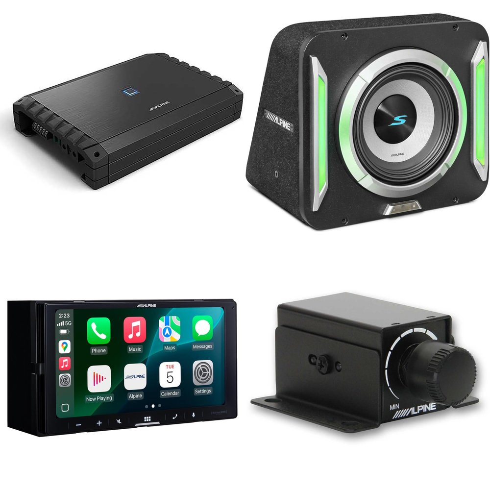 Alpine iLX-W770 Receiver & S2-SB10 PrismaLink S2-Series 10" subwoofer Built-in RGB Lighting & S2-A55V 5 Channel Amp w/Rux Bass Knob Bundle