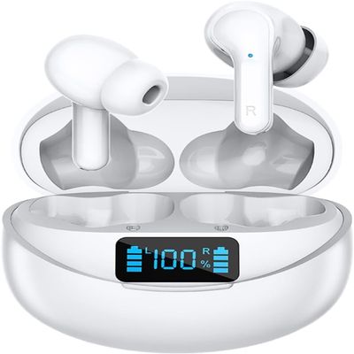 JNXIKOU Bluetooth Headphones in-Ear Wireless Earbuds Stereo Low Latency in-Ear Sports Headphones, Intelligent Noise Cancellation, Digital Display Charging Compartment for Gaming Travel, White