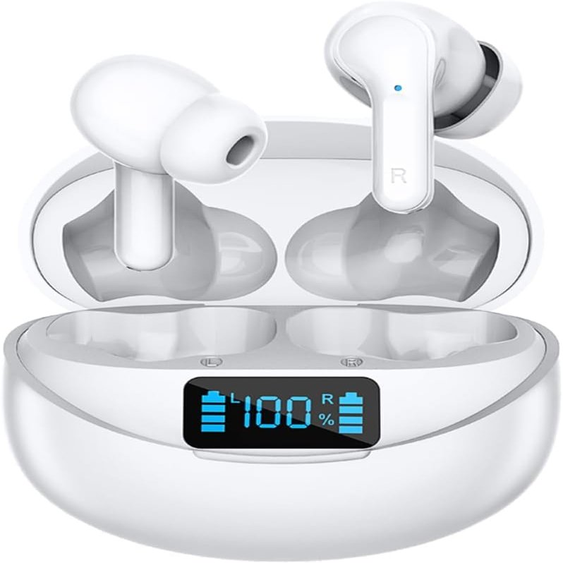 JNXIKOU Bluetooth Headphones in-Ear Wireless Earbuds Stereo Low Latency in-Ear Sports Headphones, Intelligent Noise Cancellation, Digital Display Charging Compartment for Gaming Travel, White