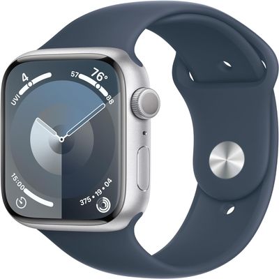 Apple Watch Series 9 [GPS 45mm] Silver Aluminum Case with Storm Blue Sport Band S/M (Renewed Premium)