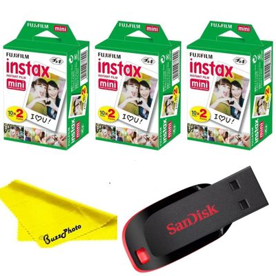 Fujifilm Instax Mini Instant Camera Film with Sandisk 32 GB USB Flash Drive + 3 x Mini Twin Packs (60 Sheets) and Buzz-Photo Microfiber Cleaning Cloth