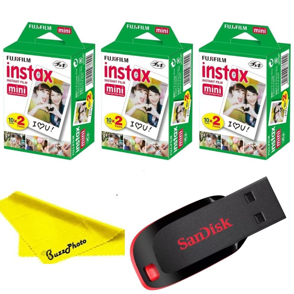 Fujifilm Instax Mini Instant Camera Film with Sandisk 32 GB USB Flash Drive + 3 x Mini Twin Packs (60 Sheets) and Buzz-Photo Microfiber Cleaning Cloth