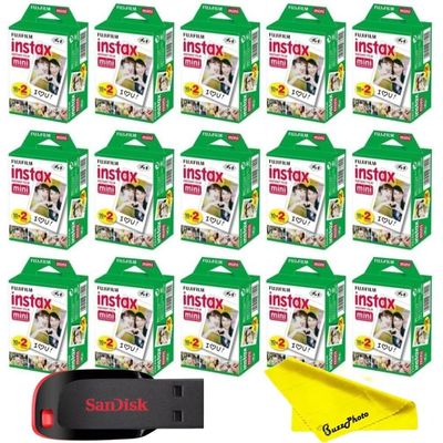 Fujifilm Instax Mini Instant Camera Film with Sandisk 32 GB USB Flash Drive + 15 x Mini Twin Packs (300 Sheets) and Buzz-Photo Microfiber Cleaning Cloth
