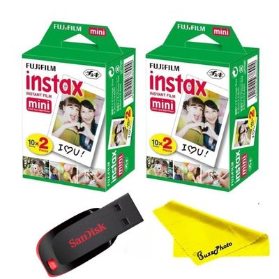 Fujifilm Instax Mini Instant Camera Film with Sandisk 32 GB USB Flash Drive + 2 x Mini Twin Packs (40 Sheets) and Buzz-Photo Microfiber Cleaning Cloth