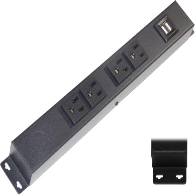 12 Hardwired Power Strip (NO Power Cord), 4 Vertical Outlets (NOT Tamper Resistant), with Ears (with mounting tabs on Both Ends), 15A (NOT a 20 Amp Unit), USB, Black